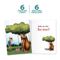 Load image into Gallery viewer, The cover and inside of Tree-Free’s Bear Trap card, along with the following text: “6 greeting cards, 6 matching envelopes”