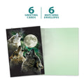 Load image into Gallery viewer, The cover and inside of Tree-Free’s Three Wolf Moon card, along with the following text: “6 greeting cards, 6 matching envelopes”