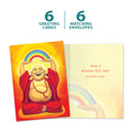 Load image into Gallery viewer, The cover and inside of Tree-Free’s Laughing Buddha card, along with the following text: “6 greeting cards, 6 matching envelopes”