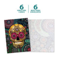 Load image into Gallery viewer, The cover and inside of Tree-Free’s Sugar Skull Paisley card, along with the following text: “6 greeting cards, 6 matching envelopes”