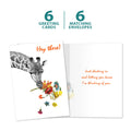 Load image into Gallery viewer, The cover and inside of Tree-Free’s Checking In Giraffe card, along with the following text: “6 greeting cards, 6 matching envelopes”