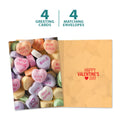 Load image into Gallery viewer, The cover and inside of Tree-Free’s Candy Hearts Valentine card, along with the following text: “4 greeting cards, 4 matching envelopes”