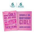 Load image into Gallery viewer, The cover and inside of Tree-Free’s Glitter Girls card, along with the following text: “6 greeting cards, 6 matching envelopes”