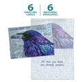 Load image into Gallery viewer, The cover and inside of Tree-Free’s Healing Raven card, along with the following text: “6 greeting cards, 6 matching envelopes”