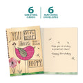 Load image into Gallery viewer, The cover and inside of Tree-Free’s Never Too Happy card, along with the following text: “6 greeting cards, 6 matching envelopes”