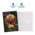Load image into Gallery viewer, The cover and inside of Tree-Free’s Sugar Skull Paisley card, along with the following text: “4 greeting cards, 4 matching envelopes”
