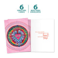 Load image into Gallery viewer, The cover and inside of Tree-Free’s Heart Window Mandala card, along with the following text: “6 greeting cards, 6 matching envelopes”