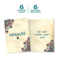 Load image into Gallery viewer, The cover and inside of Tree-Free’s Namaste card, along with the following text: “6 greeting cards, 6 matching envelopes”