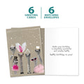 Load image into Gallery viewer, The cover and inside of Tree-Free’s Bird Brained Birthday card, along with the following text: “6 greeting cards, 6 matching envelopes”