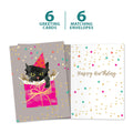 Load image into Gallery viewer, The cover and inside of Tree-Free’s Party Kitty card, along with the following text: “6 greeting cards, 6 matching envelopes”