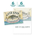 Load image into Gallery viewer, The cover and inside of Tree-Free’s Holy Carp card, along with the following text: “6 greeting cards, 6 matching envelopes”