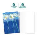 Load image into Gallery viewer, The cover and inside of Tree-Free’s Daisies On Blue card, along with the following text: “6 greeting cards, 6 matching envelopes”