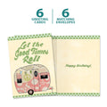 Load image into Gallery viewer, The cover and inside of Tree-Free’s Hippie Camper card, along with the following text: “6 greeting cards, 6 matching envelopes”