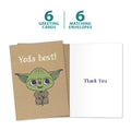 Load image into Gallery viewer, The cover and inside of Tree-Free’s Yoda Best card, along with the following text: “6 greeting cards, 6 matching envelopes”