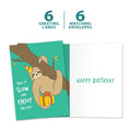 Load image into Gallery viewer, The cover and inside of Tree-Free’s Slow Sloth Birthday card, along with the following text: “6 greeting cards, 6 matching envelopes”