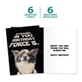 Load image into Gallery viewer, The cover and inside of Tree-Free’s Birthday Force card, along with the following text: “6 greeting cards, 6 matching envelopes”