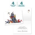 Load image into Gallery viewer, The cover and inside of Tree-Free’s Cat Bird Christmas card, along with the following text: “4 greeting cards, 4 matching envelopes”