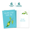 Load image into Gallery viewer, The cover and inside of Tree-Free’s Welcome Sweet Pea card, along with the following text: “6 greeting cards, 6 matching envelopes”