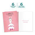 Load image into Gallery viewer, The cover and inside of Tree-Free’s Llamaste All Day card, along with the following text: “6 greeting cards, 6 matching envelopes”