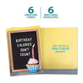 Load image into Gallery viewer, The cover and inside of Tree-Free’s Birthday Calories card, along with the following text: “6 greeting cards, 6 matching envelopes”