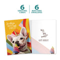 Load image into Gallery viewer, The cover and inside of Tree-Free’s Unicorn And Rainbows Dog card, along with the following text: “6 greeting cards, 6 matching envelopes”