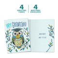 Load image into Gallery viewer, The cover and inside of Tree-Free’s Graduation Owl card, along with the following text: “4 greeting cards, 4 matching envelopes”