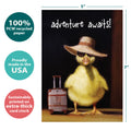 Load image into Gallery viewer, The cover of Tree-Free’s Adventure Awaits card with lines demonstrating its 5x7 dimensions, along with the following text: “100% PCW recycled paper, proudly made in the USA, sustainably printed on extra-thick card stock”