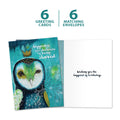 Load image into Gallery viewer, The cover and inside of Tree-Free’s Happiness Owl Crown card, along with the following text: “6 greeting cards, 6 matching envelopes”