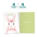 Load image into Gallery viewer, The cover and inside of Tree-Free’s Pink Bunny card, along with the following text: “4 greeting cards, 4 matching envelopes”