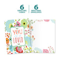 Load image into Gallery viewer, The cover and inside of Tree-Free’s Loved card, along with the following text: “6 greeting cards, 6 matching envelopes”