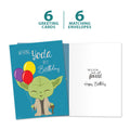 Load image into Gallery viewer, The cover and inside of Tree-Free’s Yoda Best Birthday card, along with the following text: “6 greeting cards, 6 matching envelopes”