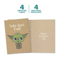 Load image into Gallery viewer, The cover and inside of Tree-Free’s Yoda Best Dad card, along with the following text: “4 greeting cards, 4 matching envelopes”
