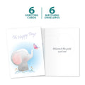 Load image into Gallery viewer, The cover and inside of Tree-Free’s Happy Day Elephant card, along with the following text: “6 greeting cards, 6 matching envelopes”