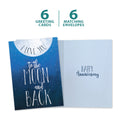 Load image into Gallery viewer, The cover and inside of Tree-Free’s Moon and Back Anniversary card, along with the following text: “6 greeting cards, 6 matching envelopes”