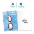Load image into Gallery viewer, The cover and inside of Tree-Free’s Boho Christmas Penguins card, along with the following text: “4 greeting cards, 4 matching envelopes”