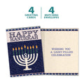 Load image into Gallery viewer, The cover and inside of Tree-Free’s Jerusalem Mosaic Menorah card, along with the following text: “4 greeting cards, 4 matching envelopes”