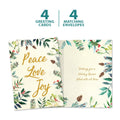Load image into Gallery viewer, The cover and inside of Tree-Free’s Peace Joy Watercolor card, along with the following text: “4 greeting cards, 4 matching envelopes”