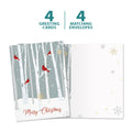 Load image into Gallery viewer, The cover and inside of Tree-Free’s Christmas Cardinals card, along with the following text: “4 greeting cards, 4 matching envelopes”