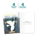 Load image into Gallery viewer, The cover and inside of Tree-Free’s Peace Dove Menorah card, along with the following text: “4 greeting cards, 4 matching envelopes”