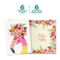 Load image into Gallery viewer, The cover and inside of Tree-Free’s Fabulous Flamingo card, along with the following text: “6 greeting cards, 6 matching envelopes”
