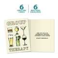 Load image into Gallery viewer, The cover and inside of Tree-Free’s Group Therapy card, along with the following text: “6 greeting cards, 6 matching envelopes”