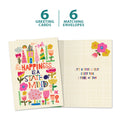 Load image into Gallery viewer, The cover and inside of Tree-Free’s Happiness Collage card, along with the following text: “6 greeting cards, 6 matching envelopes”