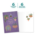 Load image into Gallery viewer, The cover and inside of Tree-Free’s Hanging Plants card, along with the following text: “6 greeting cards, 6 matching envelopes”
