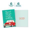 Load image into Gallery viewer, The cover and inside of Tree-Free’s Classic Car card, along with the following text: “6 greeting cards, 6 matching envelopes”