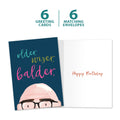 Load image into Gallery viewer, The cover and inside of Tree-Free’s Older Wiser Balder card, along with the following text: “6 greeting cards, 6 matching envelopes”