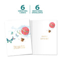 Load image into Gallery viewer, The cover and inside of Tree-Free’s Dream Big Balloons card, along with the following text: “6 greeting cards, 6 matching envelopes”