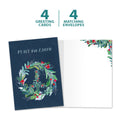 Load image into Gallery viewer, The cover and inside of Tree-Free’s Peace On Earth Wreath card, along with the following text: “4 greeting cards, 4 matching envelopes”