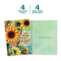 Load image into Gallery viewer, The cover and inside of Tree-Free’s Thankful Sunflowers card, along with the following text: “4 greeting cards, 4 matching envelopes”