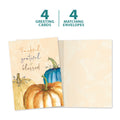 Load image into Gallery viewer, The cover and inside of Tree-Free’s Thankful Pumpkins card, along with the following text: “4 greeting cards, 4 matching envelopes”