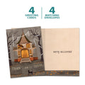 Load image into Gallery viewer, The cover and inside of Tree-Free’s Haunted House card, along with the following text: “4 greeting cards, 4 matching envelopes”